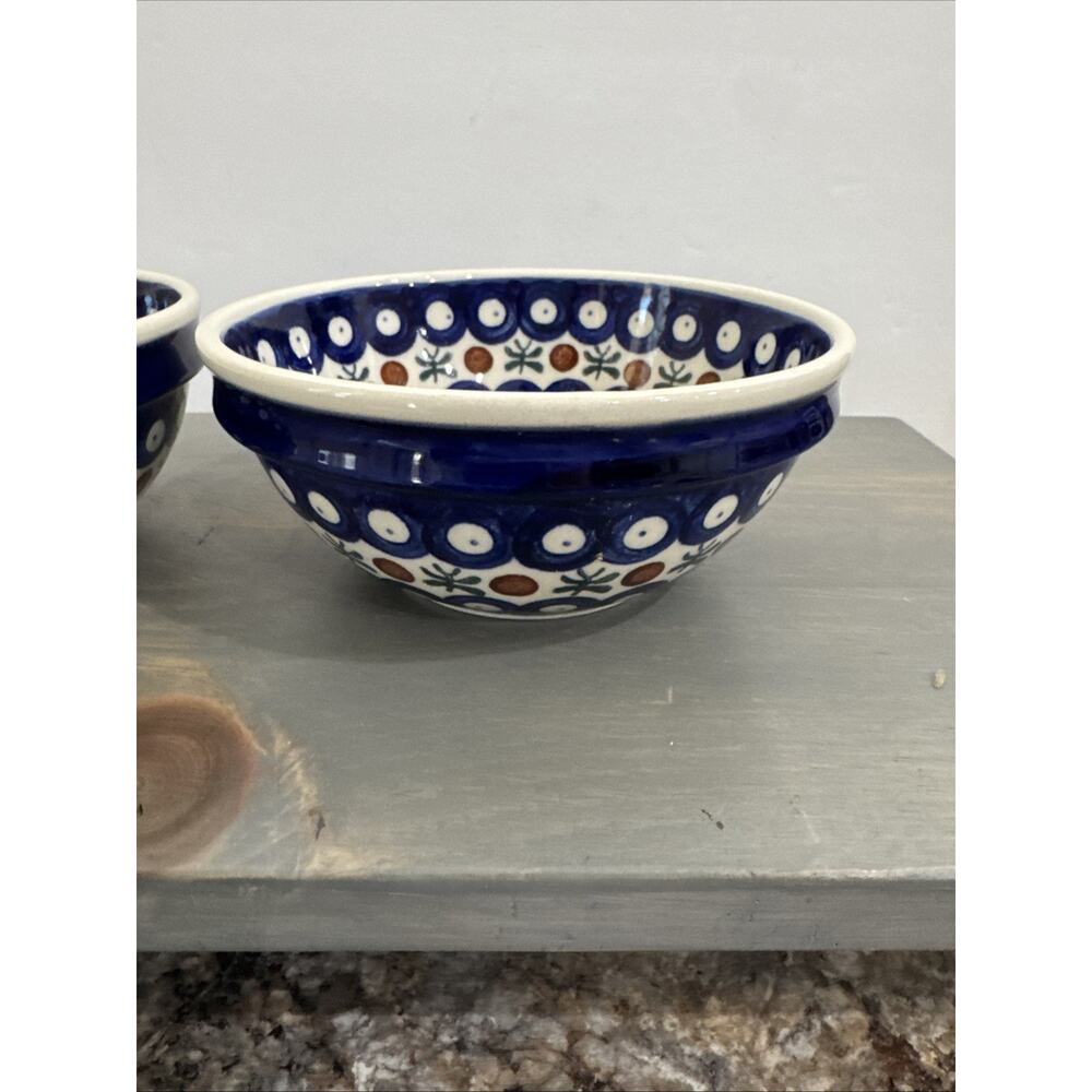 Polish Pottery Bowl- Set Of 2- Blue/White Nature 6in Wide/2.5in Tall Stackable - Picture 5 of 12